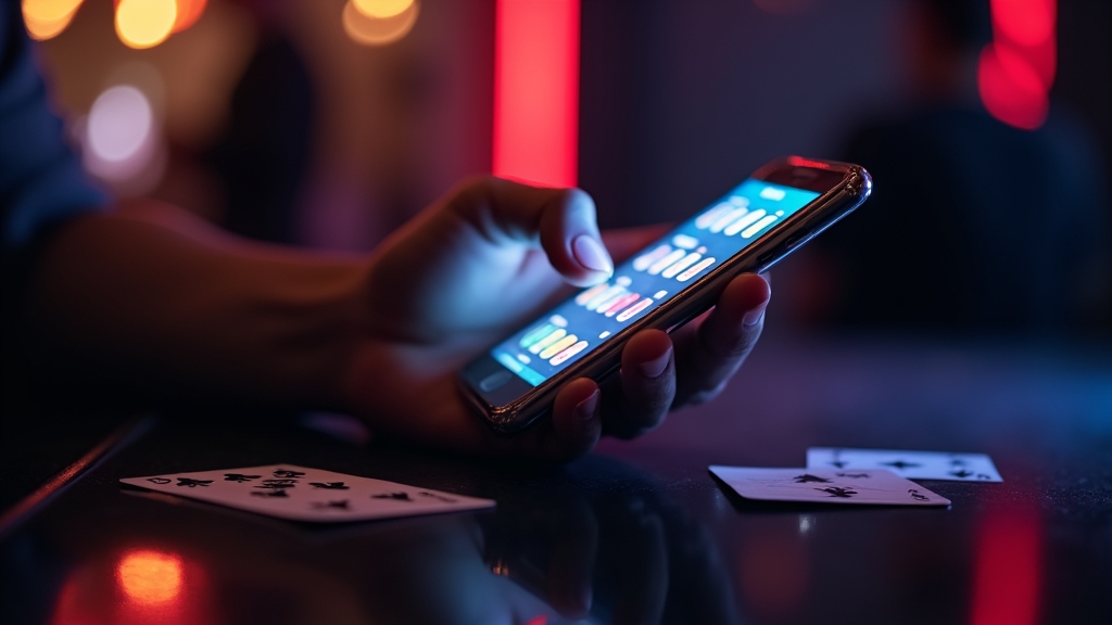 مستخدم يتعامل مع التطبيق يوميًا على هاتف في أجواء كازينو داكنة